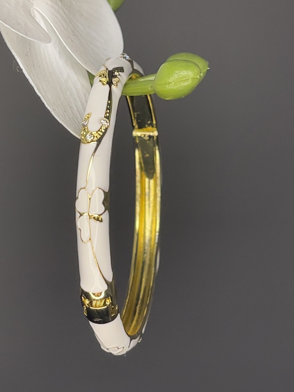 Gold and White Enamel Floral Hinged Bangle Bracelet
